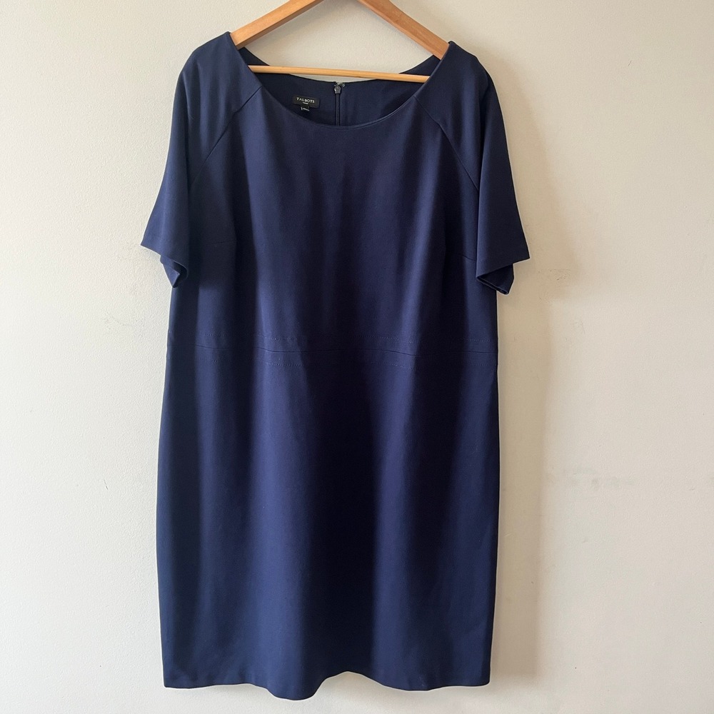 Talbots Woman Ponte Knit Shift Dress Career Navy Blue 16W Short Sleeve